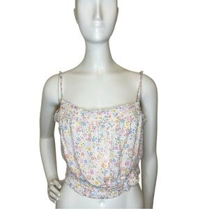 Hippie Rose Printed Smocked Tank Top Juniors' Large Ivory Floral Square Neck